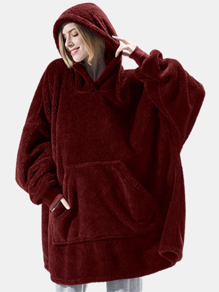 Femmes Surdimensionné Épaissir Chaud Couleur Unie Couverture À Capuche En Peluche Vêtements De Nuit Robe Avec Poche