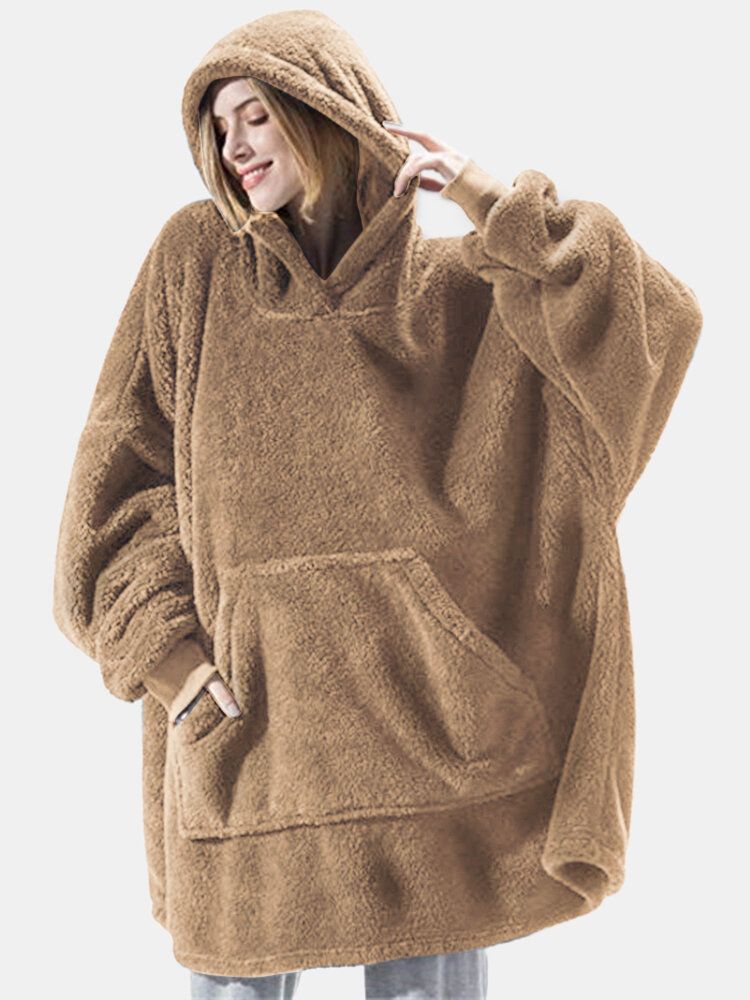 Femmes Surdimensionné Épaissir Chaud Couleur Unie Couverture À Capuche En Peluche Vêtements De Nuit Robe Avec Poche