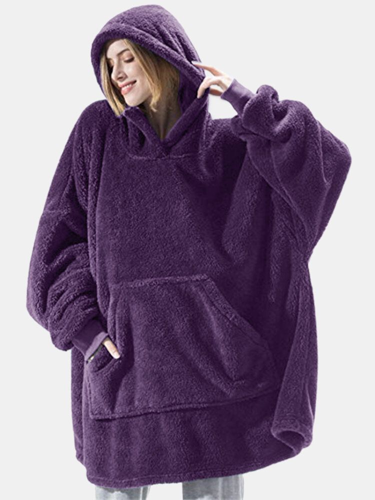 Femmes Surdimensionné Épaissir Chaud Couleur Unie Couverture À Capuche En Peluche Vêtements De Nuit Robe Avec Poche