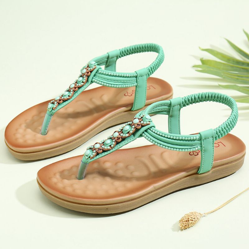 Femmes T-strap Beading Elastic Band Slip On Casual Beach Summer Flat Sandals