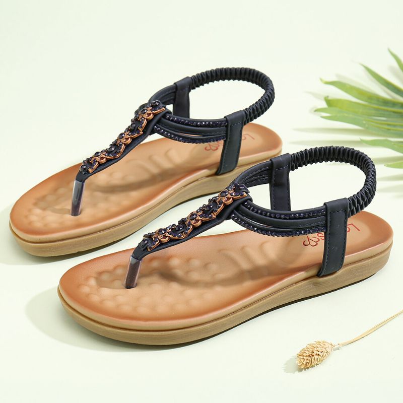 Femmes T-strap Beading Elastic Band Slip On Casual Beach Summer Flat Sandals