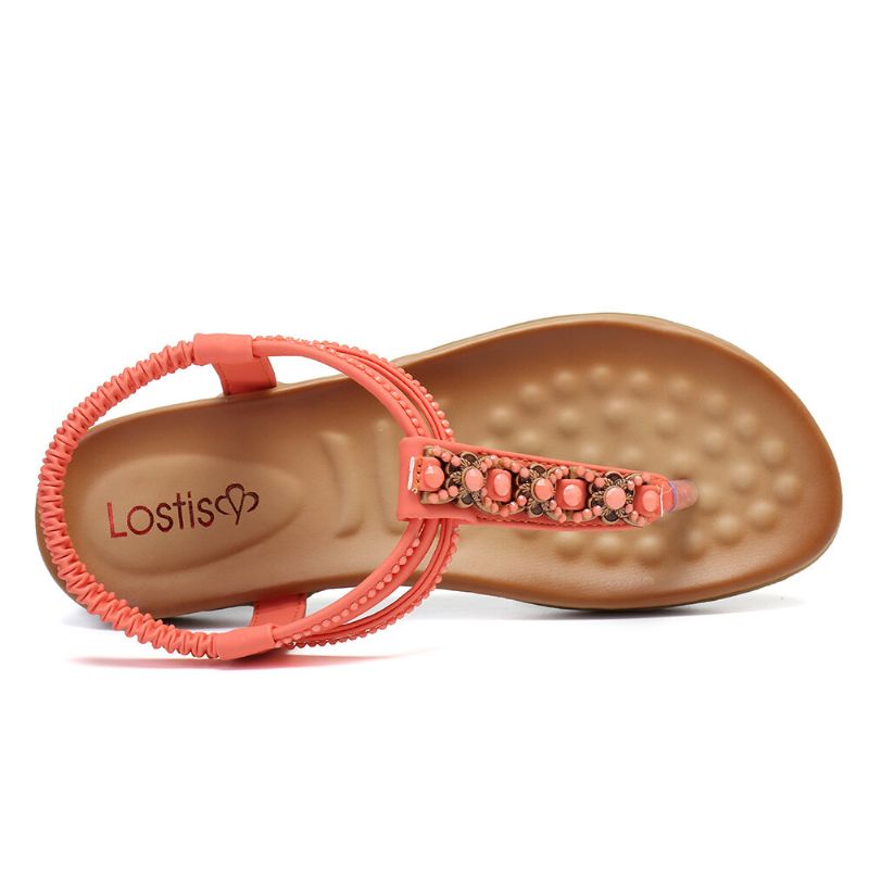 Femmes T-strap Beading Elastic Band Slip On Casual Beach Summer Flat Sandals