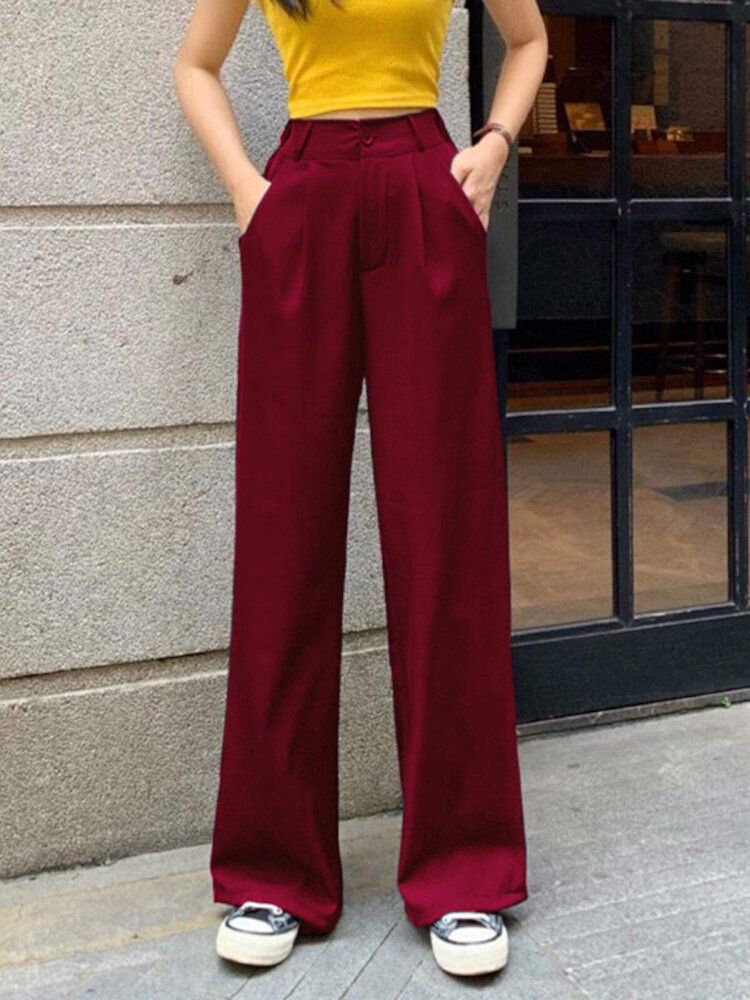 Femmes Taille Haute Couleur Unie Décontracté Pantalon Ample À Jambes Larges Pantalon De Costume Avec Poche