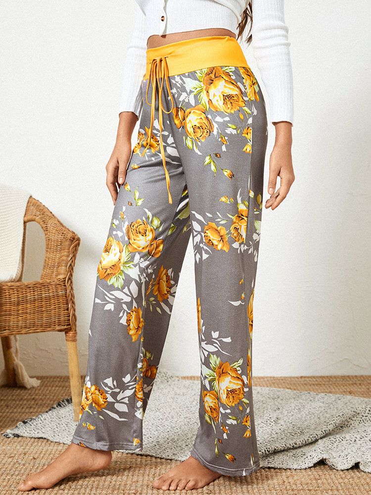 Femmes Taille Plus Fleurs Imprimer Cordon Taille Lâche Maison Casual Pyjama Pantalon