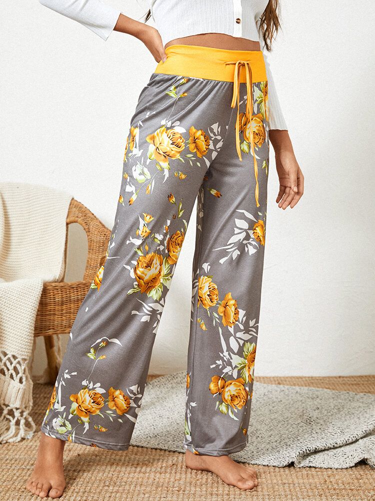 Femmes Taille Plus Fleurs Imprimer Cordon Taille Lâche Maison Casual Pyjama Pantalon