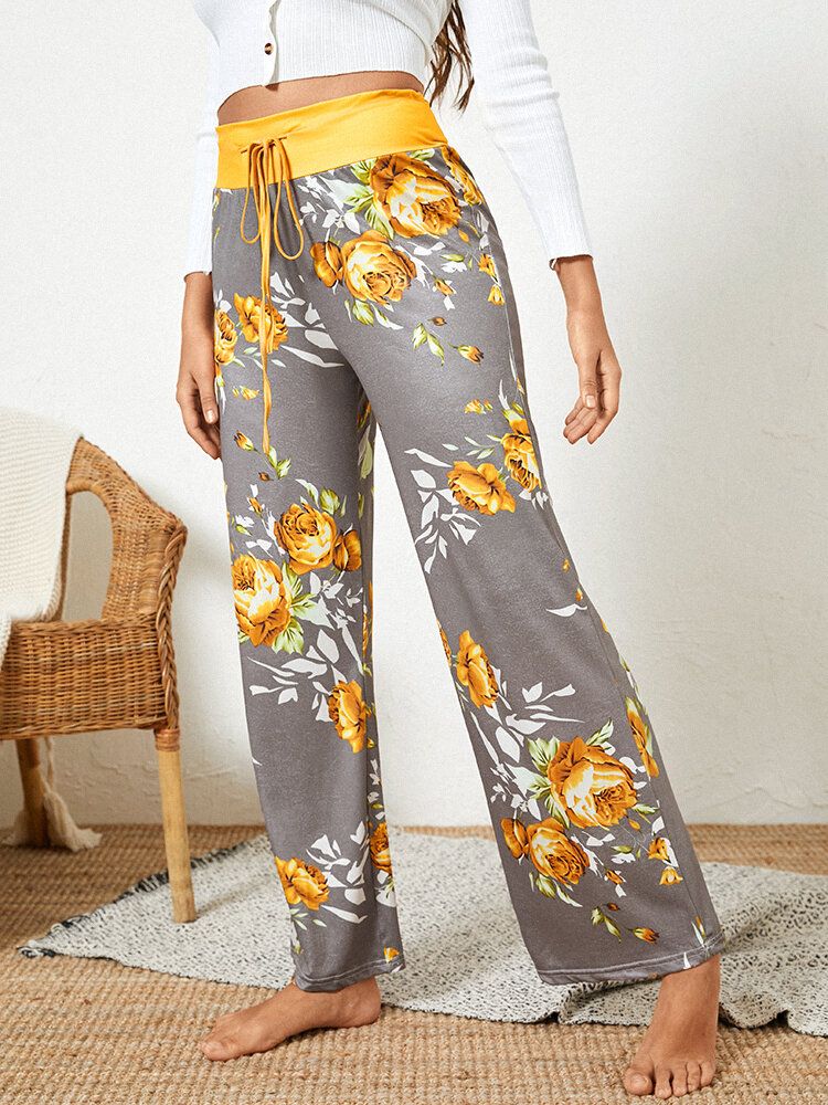 Femmes Taille Plus Fleurs Imprimer Cordon Taille Lâche Maison Casual Pyjama Pantalon