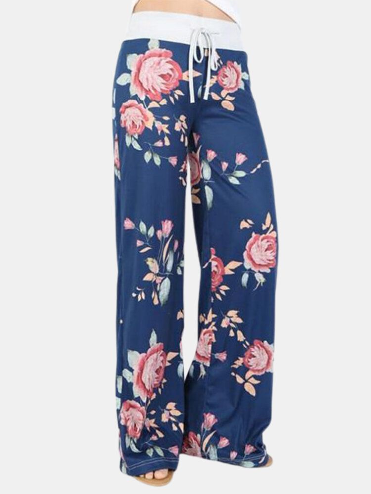 Femmes Taille Plus Fleurs Imprimer Cordon Taille Lâche Maison Casual Pyjama Pantalon