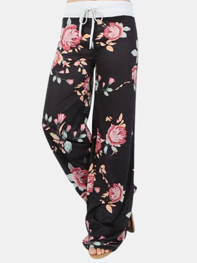 Femmes Taille Plus Fleurs Imprimer Cordon Taille Lâche Maison Casual Pyjama Pantalon