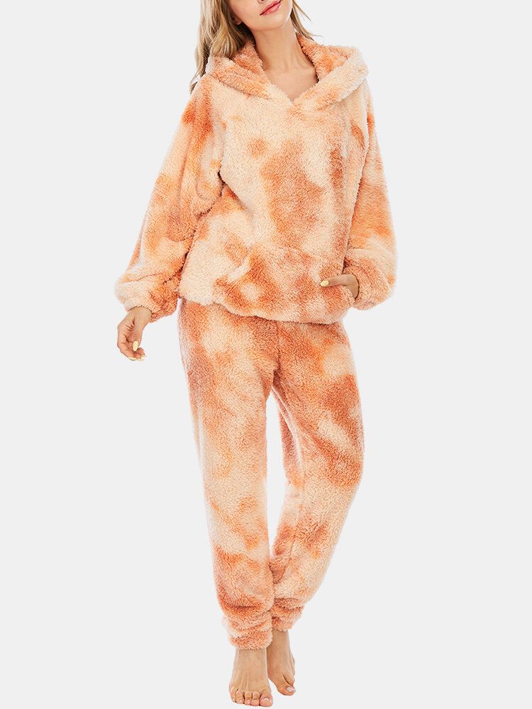 Femmes Tie Dye Doux En Peluche À Manches Longues Poche Polaire À Capuche Pantalon Lâche Maison Pyjama Ensemble