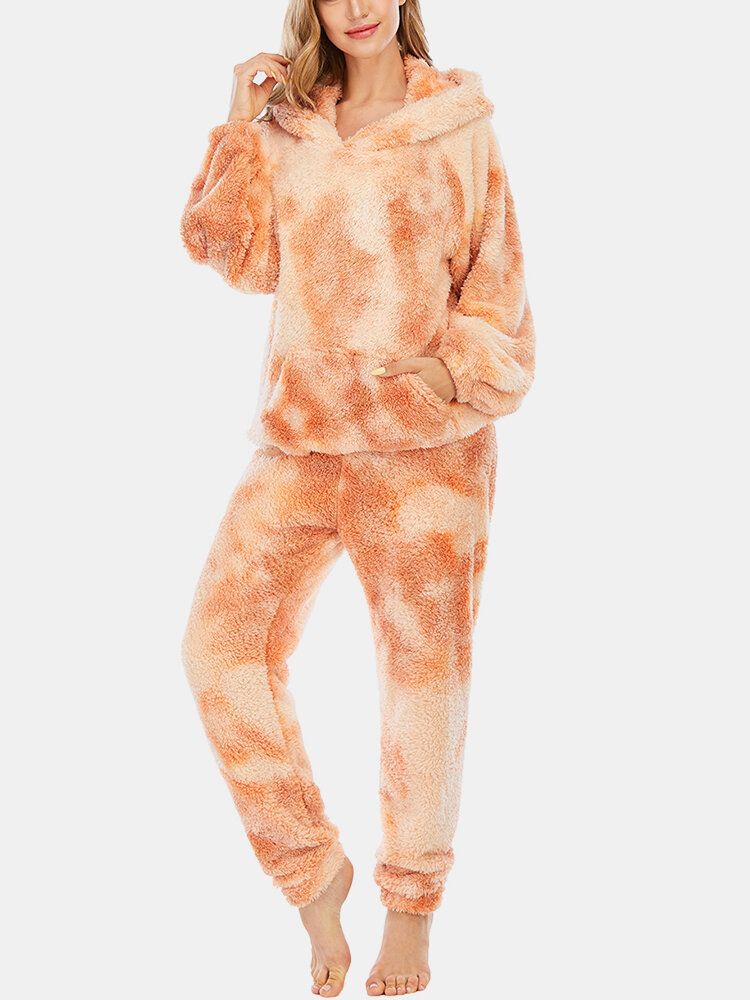 Femmes Tie Dye Doux En Peluche À Manches Longues Poche Polaire À Capuche Pantalon Lâche Maison Pyjama Ensemble