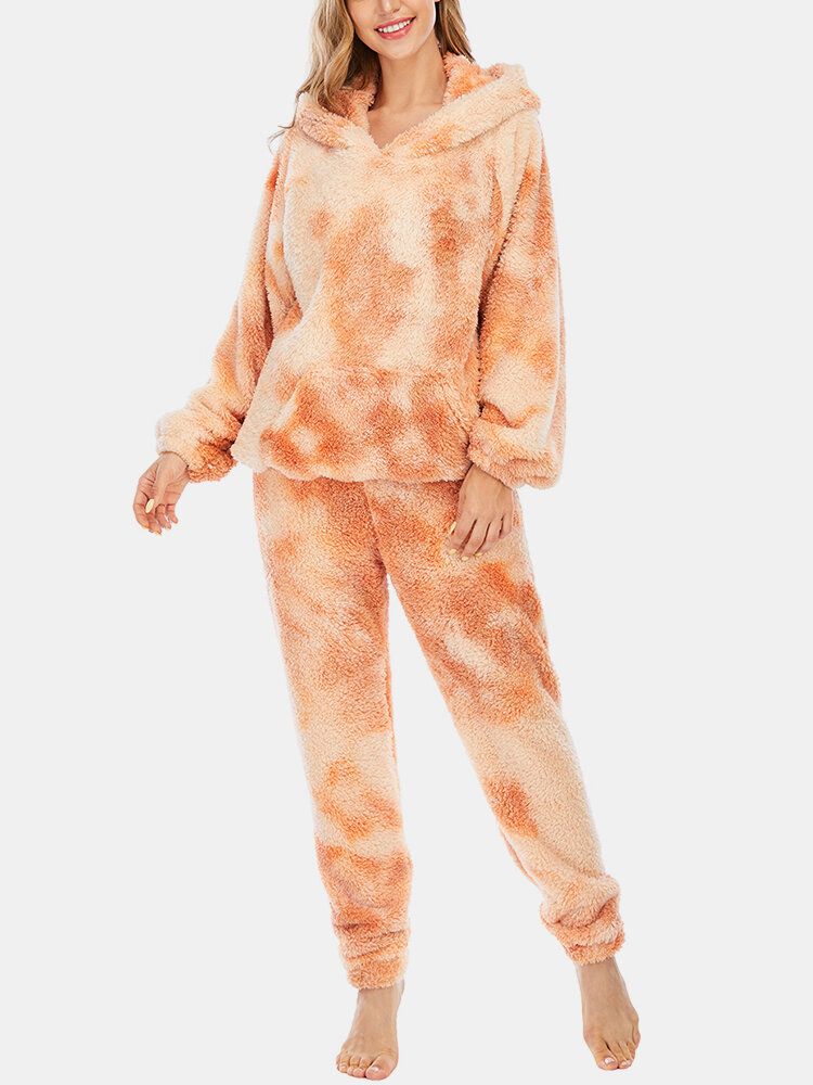 Femmes Tie Dye Doux En Peluche À Manches Longues Poche Polaire À Capuche Pantalon Lâche Maison Pyjama Ensemble