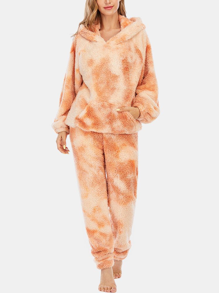 Femmes Tie Dye Doux En Peluche À Manches Longues Poche Polaire À Capuche Pantalon Lâche Maison Pyjama Ensemble