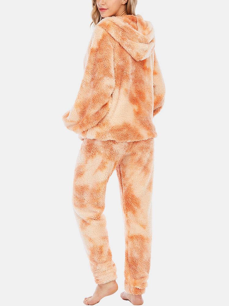 Femmes Tie Dye Doux En Peluche À Manches Longues Poche Polaire À Capuche Pantalon Lâche Maison Pyjama Ensemble