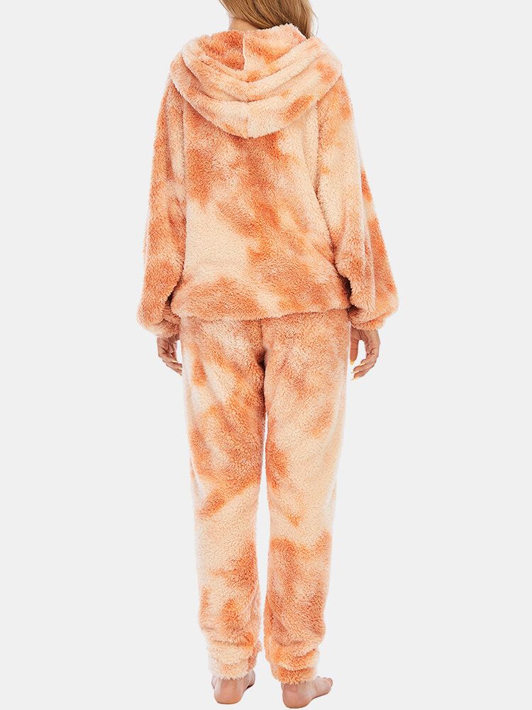 Femmes Tie Dye Doux En Peluche À Manches Longues Poche Polaire À Capuche Pantalon Lâche Maison Pyjama Ensemble