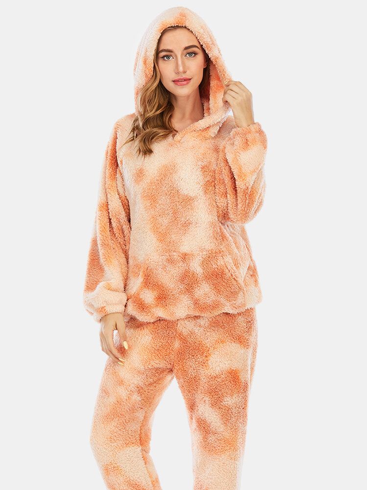 Femmes Tie Dye Doux En Peluche À Manches Longues Poche Polaire À Capuche Pantalon Lâche Maison Pyjama Ensemble