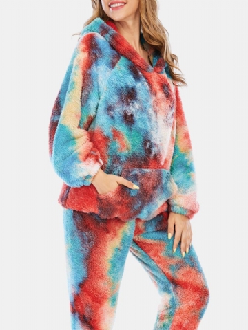 Femmes Tie Dye Fleece Kangaroo Pocket Hoodie Pants Home Sleepweat Casual Pyjama Set