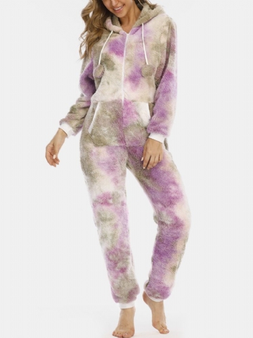 Femmes Tie Dye Fluffy Plush Zipper Front Kangaroo Pocket Home Combinaisons