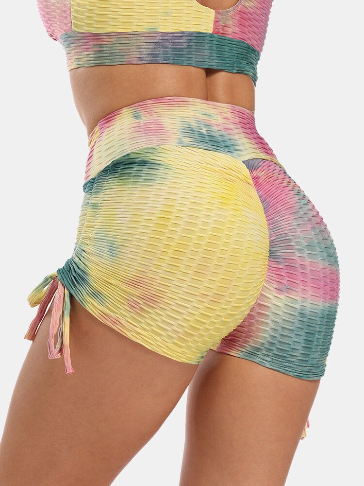 Femmes Tie Dye Jacquard Cordon De Serrage Latéral Yoga Soprt Short Taille Haute