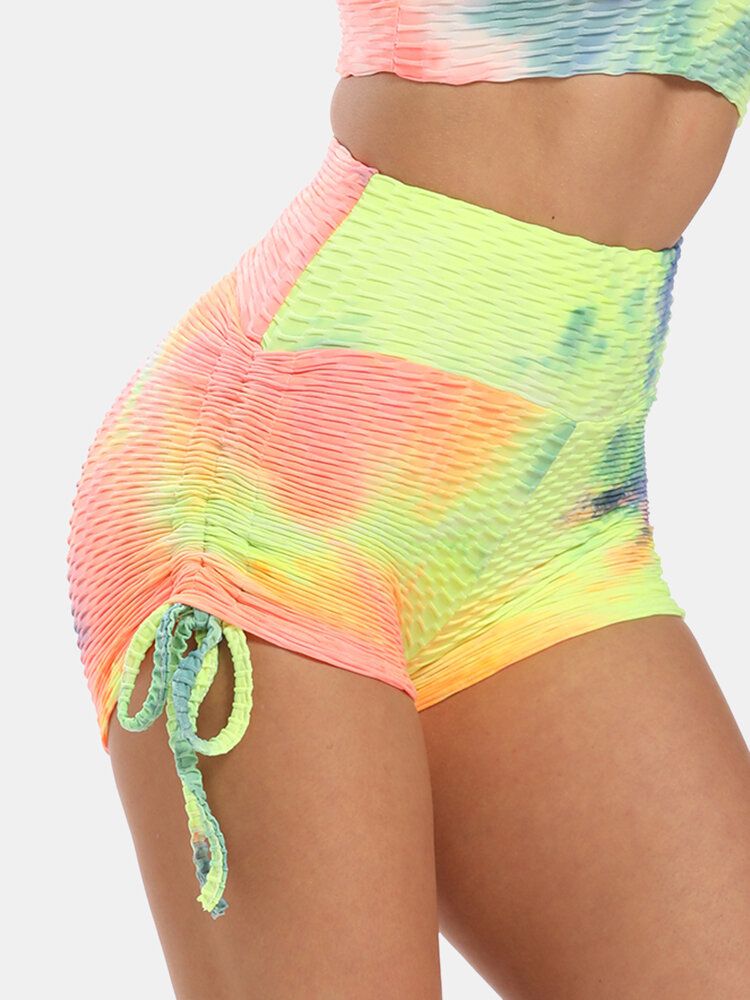 Femmes Tie Dye Jacquard Cordon De Serrage Latéral Yoga Soprt Short Taille Haute