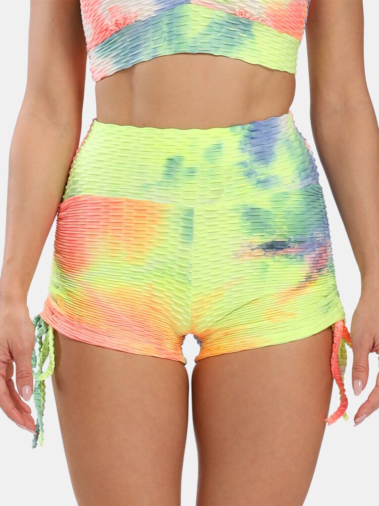 Femmes Tie Dye Jacquard Cordon De Serrage Latéral Yoga Soprt Short Taille Haute