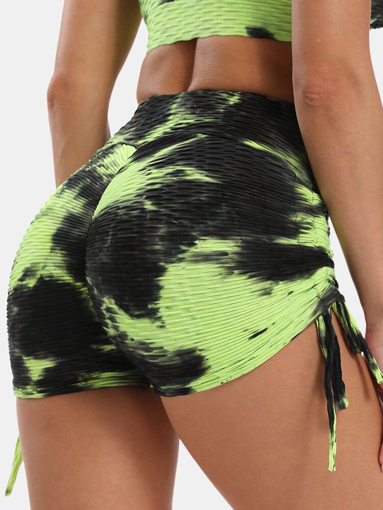 Femmes Tie Dye Jacquard Cordon De Serrage Latéral Yoga Soprt Short Taille Haute