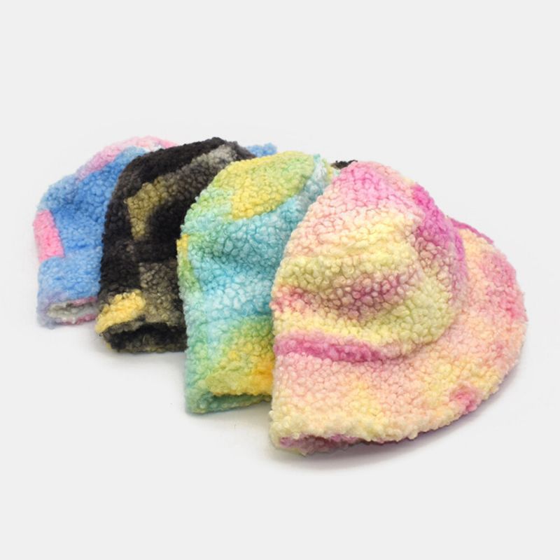 Femmes Tie-dye Mix Couleur Agneau Cheveux Chaud Casual Mignon Seau Chapeau