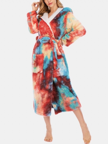 Femmes Tie Dye Polaire À Capuche Double Poche Ceintures Lâche Salle De Bains Robes Maison Vêtements De Nuit