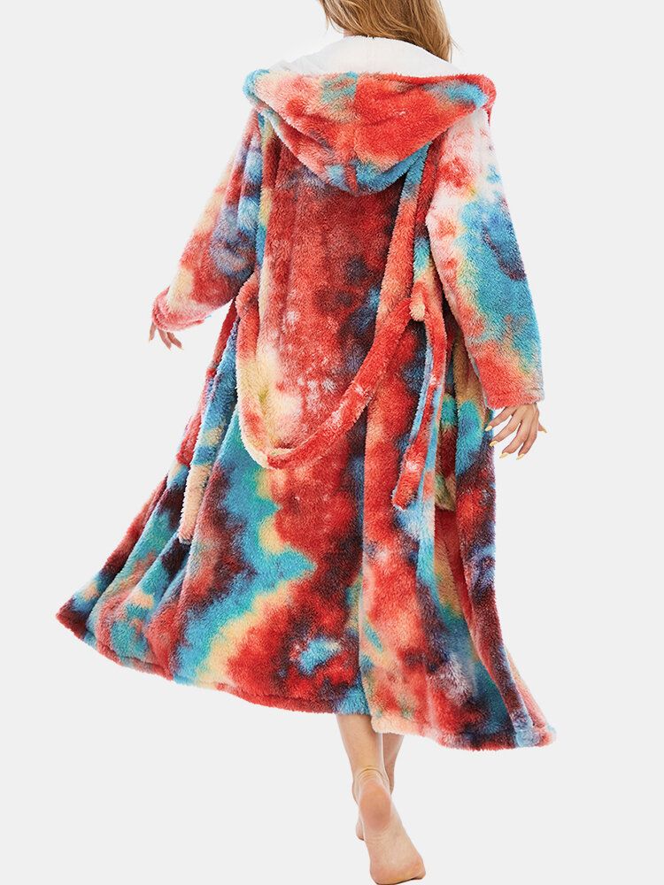 Femmes Tie Dye Polaire À Capuche Double Poche Ceintures Lâche Salle De Bains Robes Maison Vêtements De Nuit