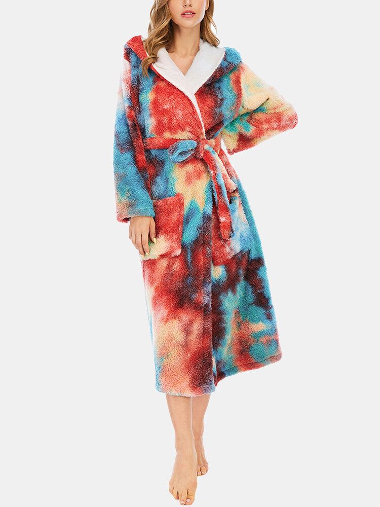 Femmes Tie Dye Polaire À Capuche Double Poche Ceintures Lâche Salle De Bains Robes Maison Vêtements De Nuit