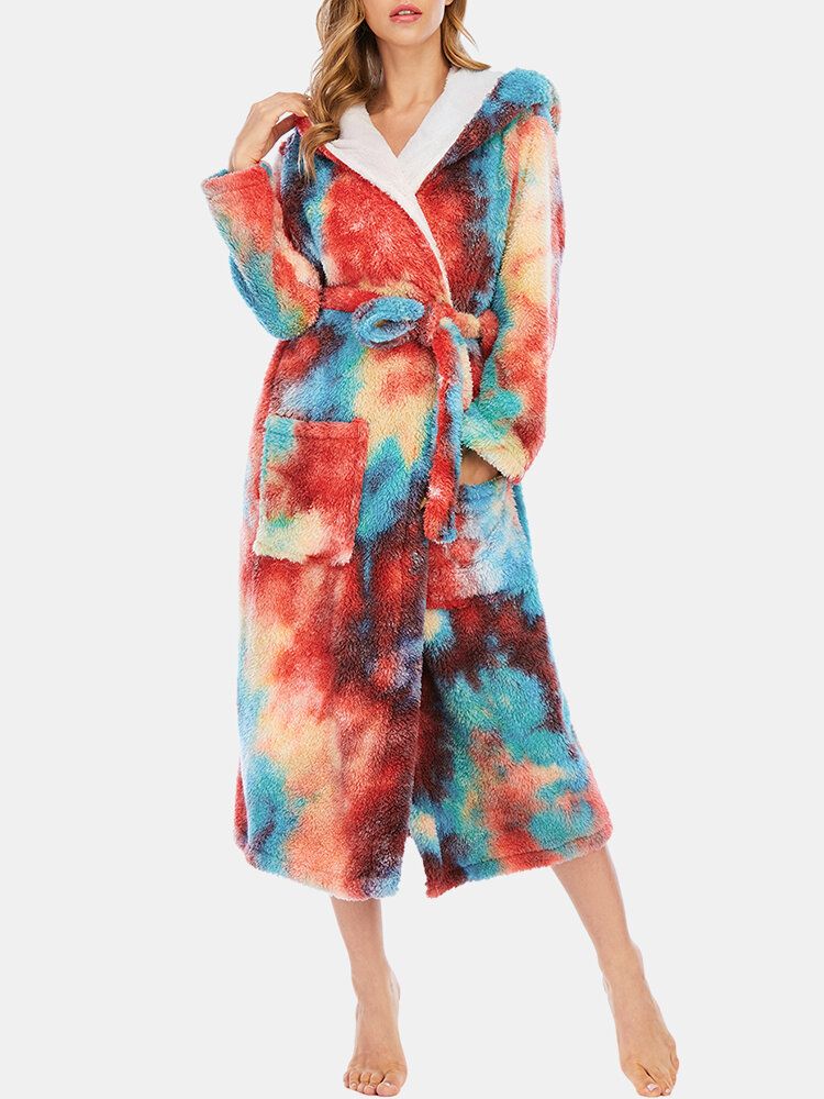 Femmes Tie Dye Polaire À Capuche Double Poche Ceintures Lâche Salle De Bains Robes Maison Vêtements De Nuit