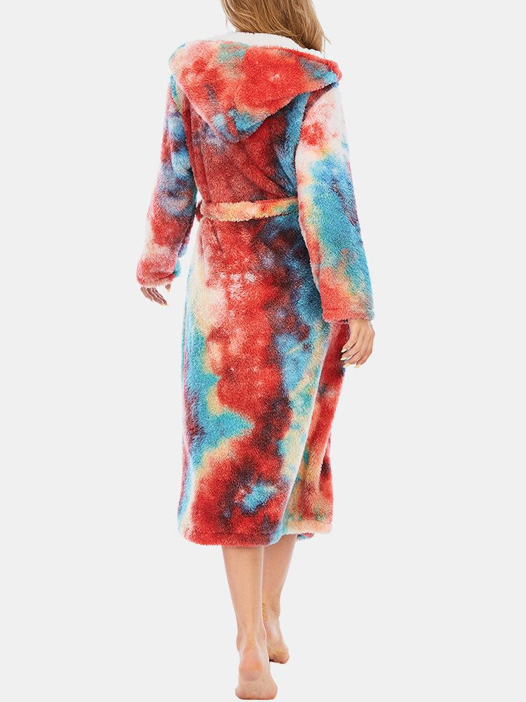 Femmes Tie Dye Polaire À Capuche Double Poche Ceintures Lâche Salle De Bains Robes Maison Vêtements De Nuit