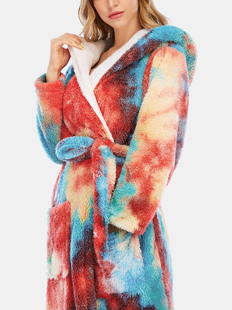 Femmes Tie Dye Polaire À Capuche Double Poche Ceintures Lâche Salle De Bains Robes Maison Vêtements De Nuit