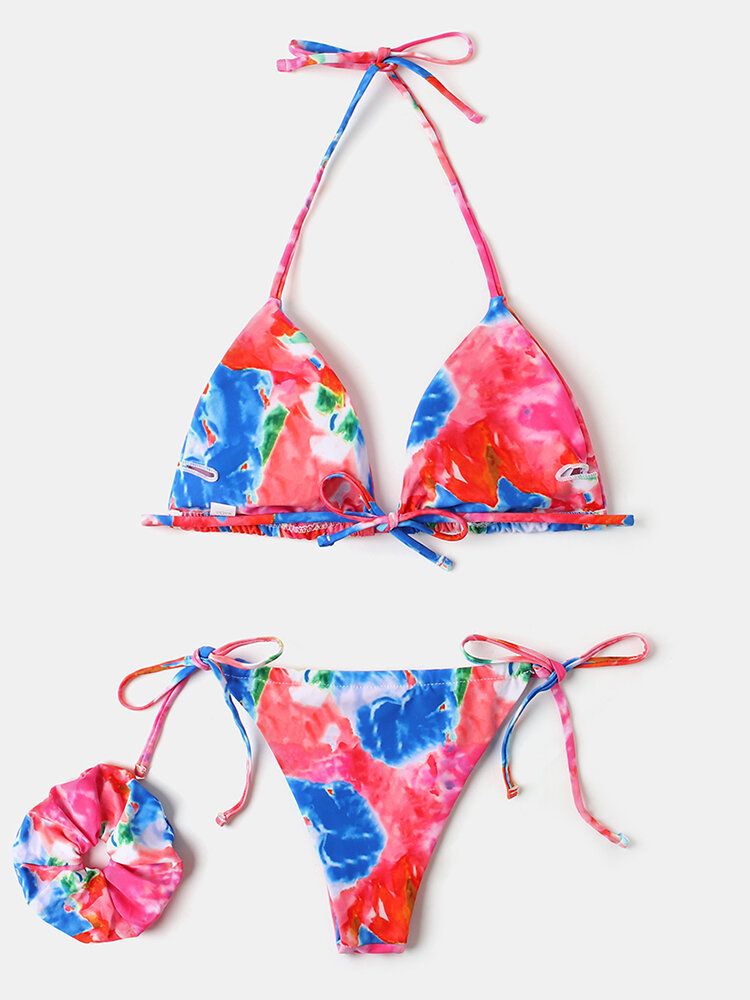 Femmes Tie Dye Triangle Halter String Micro Bikinis Backles Beachwear Avec Anneau À La Main