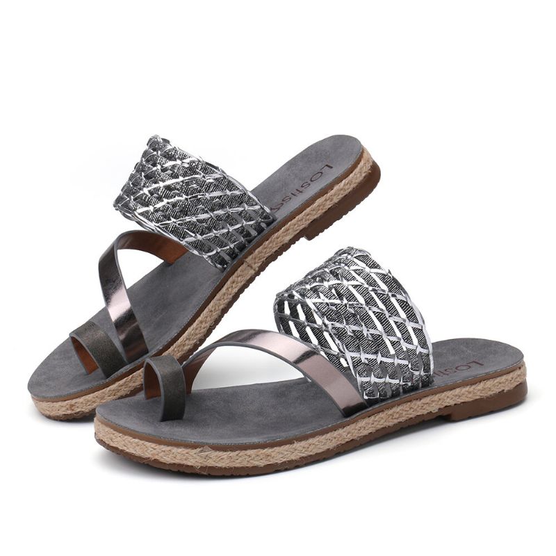 Femmes Toe Ring Slip On Woven Strap Casual Sandales