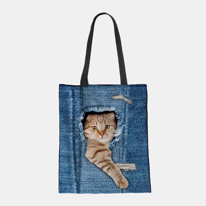 Femmes Toile Breaking Hole Denim 3d Mignon Chat Chien Motif Casual En Plein Air Sac À Main Sac À Bandoulière Fourre-tout