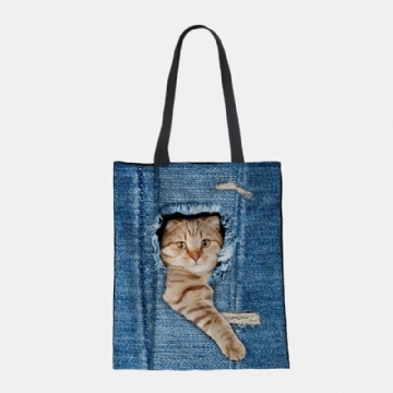 Femmes Toile Breaking Hole Denim 3d Mignon Chat Chien Motif Casual En Plein Air Sac À Main Sac À Bandoulière Fourre-tout