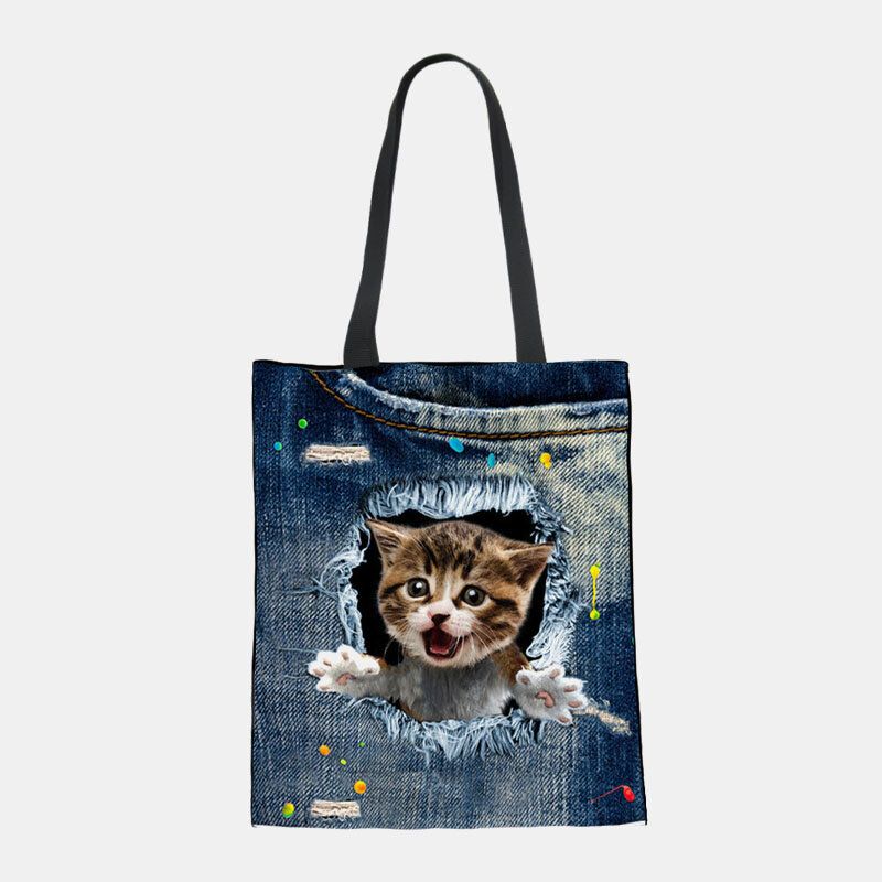 Femmes Toile Breaking Hole Denim 3d Mignon Chat Chien Motif Casual En Plein Air Sac À Main Sac À Bandoulière Fourre-tout