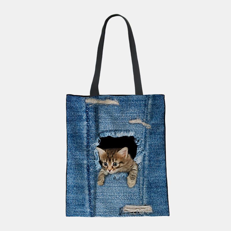 Femmes Toile Breaking Hole Denim 3d Mignon Chat Chien Motif Casual En Plein Air Sac À Main Sac À Bandoulière Fourre-tout