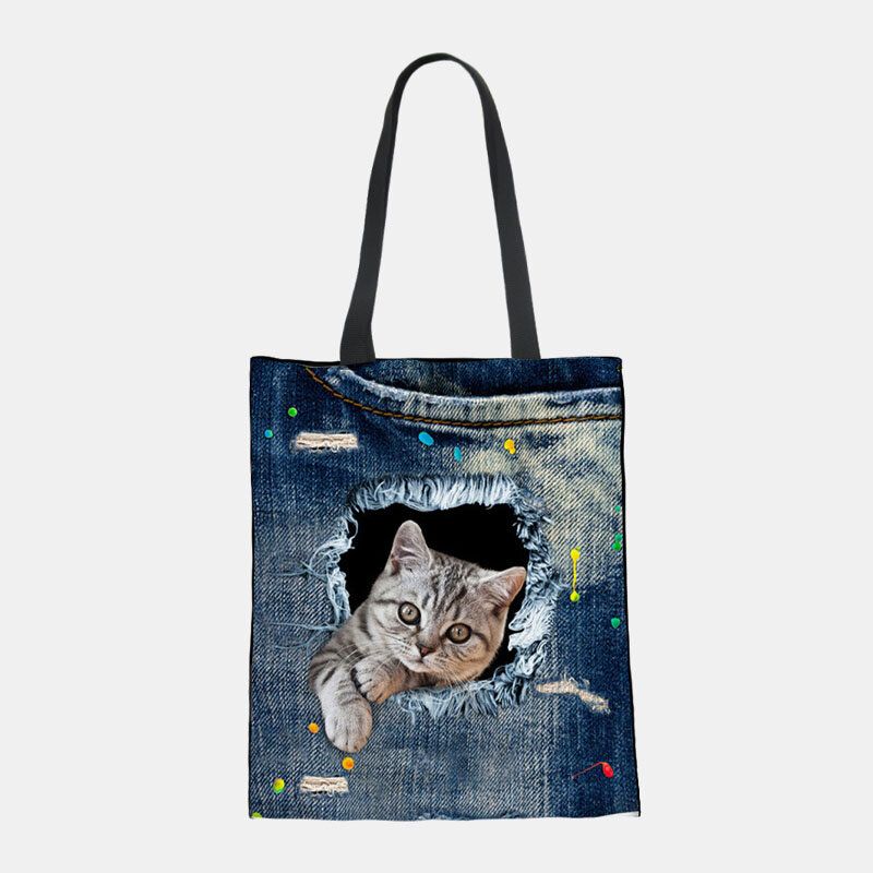 Femmes Toile Breaking Hole Denim 3d Mignon Chat Chien Motif Casual En Plein Air Sac À Main Sac À Bandoulière Fourre-tout