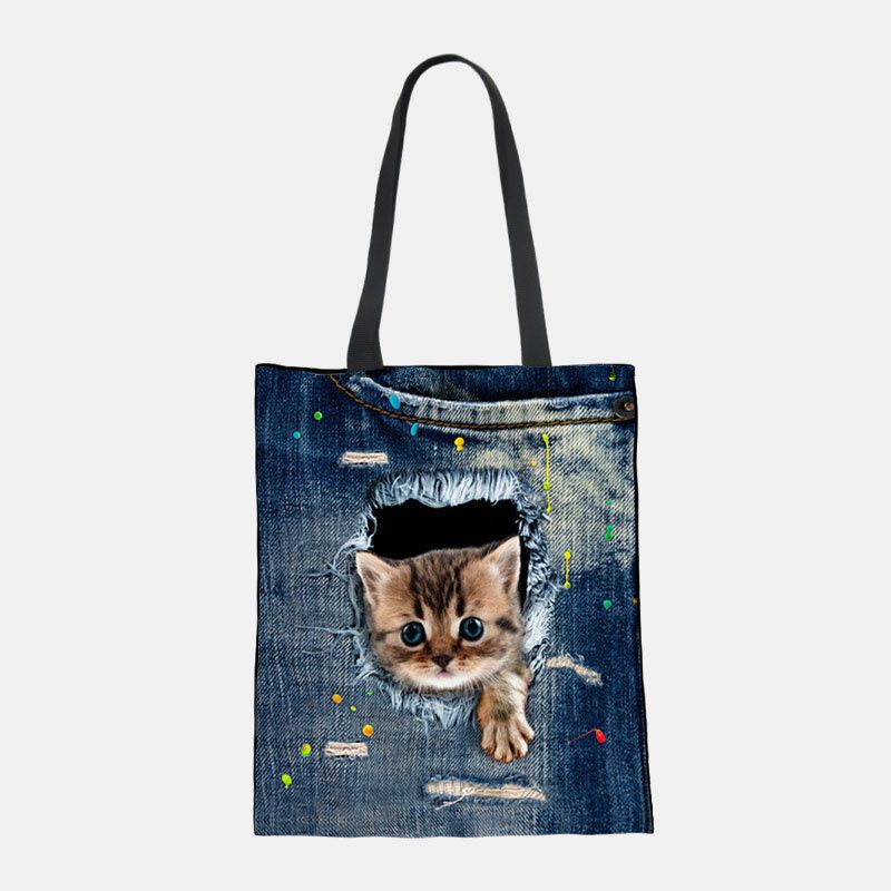 Femmes Toile Breaking Hole Denim 3d Mignon Chat Chien Motif Casual En Plein Air Sac À Main Sac À Bandoulière Fourre-tout