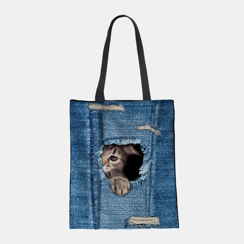 Femmes Toile Breaking Hole Denim 3d Mignon Chat Chien Motif Casual En Plein Air Sac À Main Sac À Bandoulière Fourre-tout