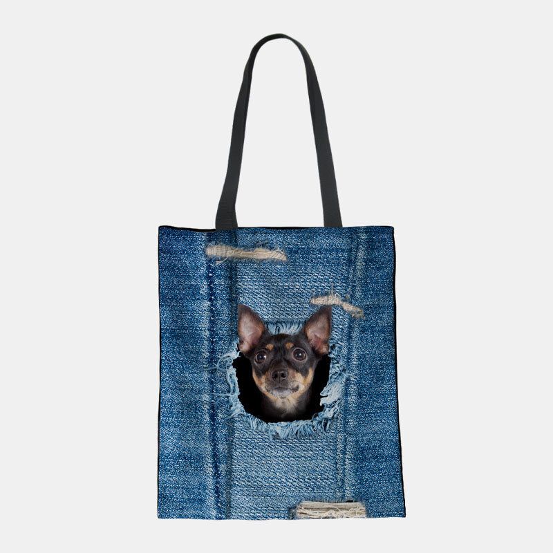 Femmes Toile Breaking Hole Denim 3d Mignon Chat Chien Motif Casual En Plein Air Sac À Main Sac À Bandoulière Fourre-tout