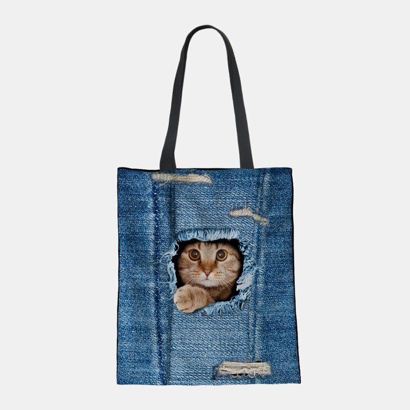 Femmes Toile Breaking Hole Denim 3d Mignon Chat Chien Motif Casual En Plein Air Sac À Main Sac À Bandoulière Fourre-tout