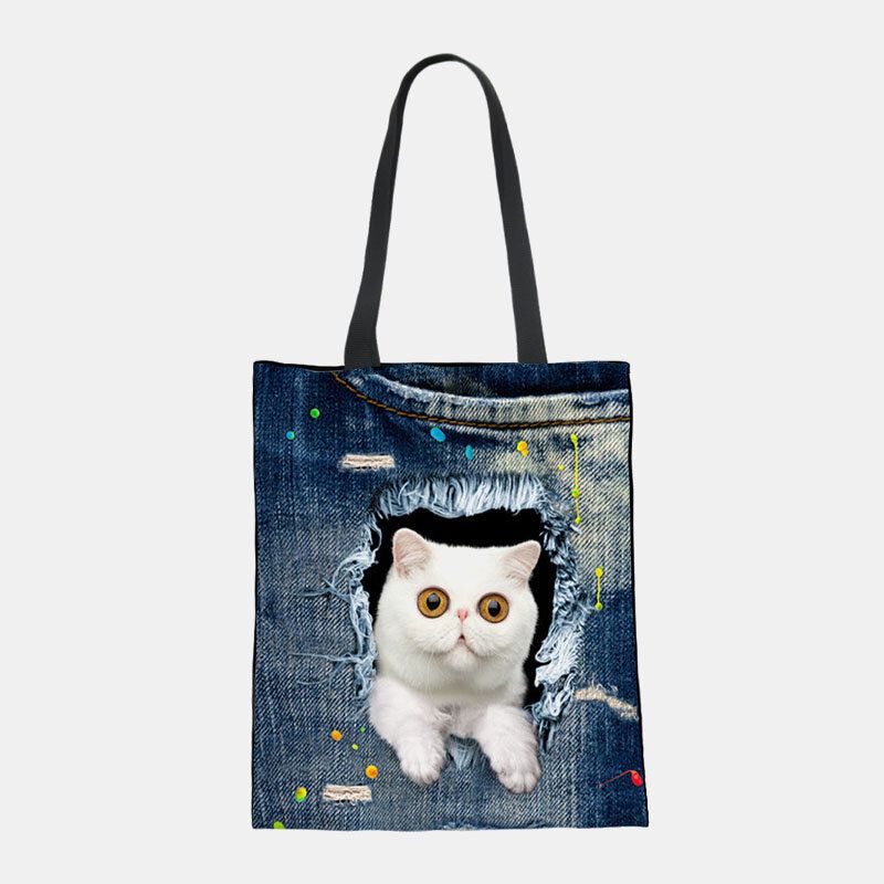 Femmes Toile Breaking Hole Denim 3d Mignon Chat Chien Motif Casual En Plein Air Sac À Main Sac À Bandoulière Fourre-tout