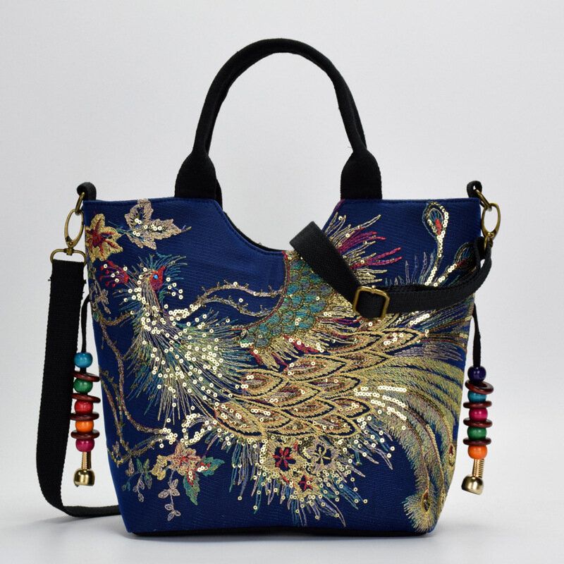 Femmes Toile Broderie Paon Motif Style Ethnique Multi-porter Sac À Main Sac À Bandoulière Sac À Bandoulière