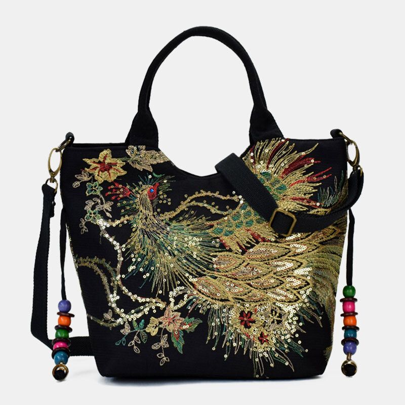 Femmes Toile Broderie Paon Motif Style Ethnique Multi-porter Sac À Main Sac À Bandoulière Sac À Bandoulière