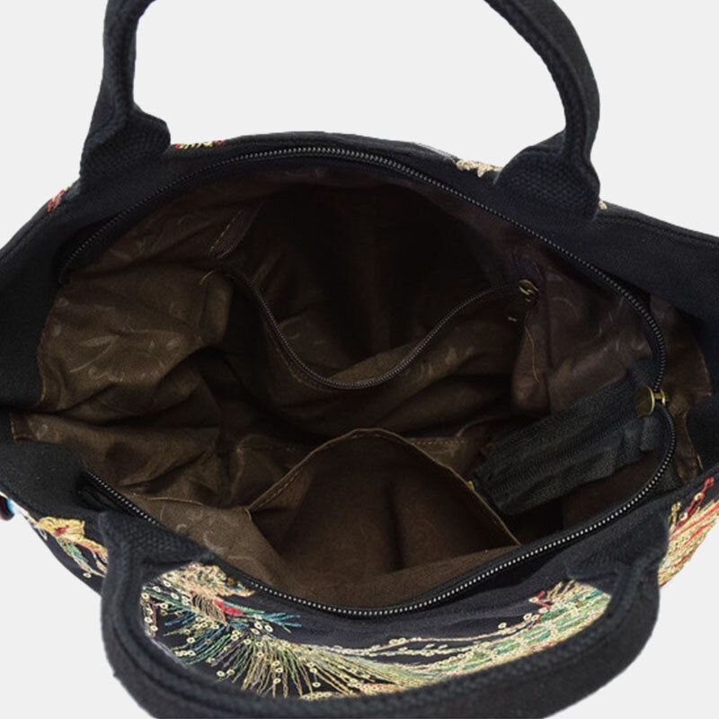 Femmes Toile Broderie Paon Motif Style Ethnique Multi-porter Sac À Main Sac À Bandoulière Sac À Bandoulière