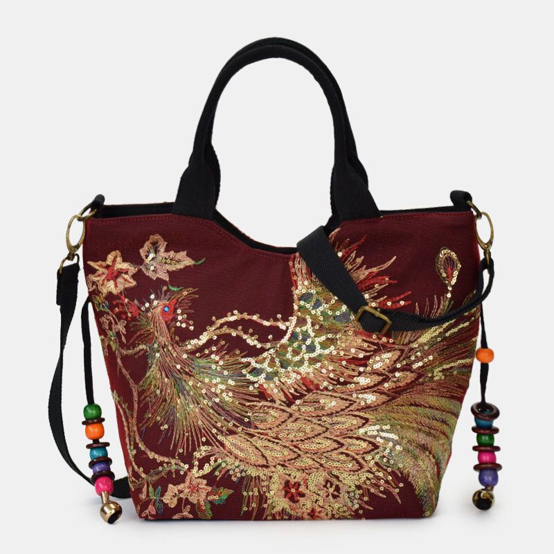 Femmes Toile Broderie Paon Motif Style Ethnique Multi-porter Sac À Main Sac À Bandoulière Sac À Bandoulière