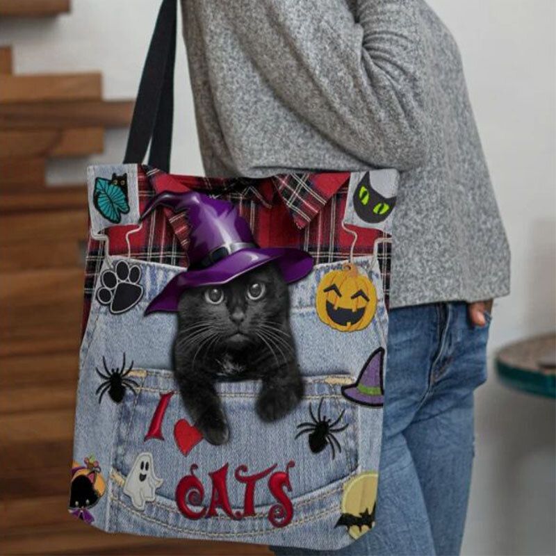 Femmes Toile Chapeau Magique Tridimensionnel 3d Mignon Chat Noir Sac À Main Fourre-tout Sac À Bandoulière