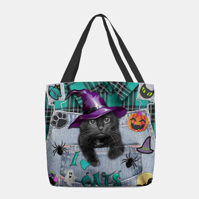 Femmes Toile Chapeau Magique Tridimensionnel 3d Mignon Chat Noir Sac À Main Fourre-tout Sac À Bandoulière